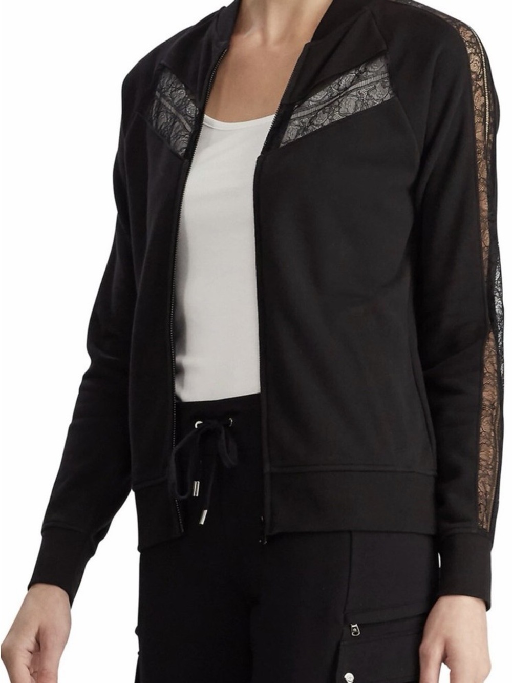 Ralph Lauren Black Lace-Panel Bomber Jacket